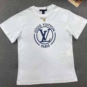 【터보】 루이비통 플록드 LV 서클 체인장식 코튼 반팔 티셔츠 화이트（TJ공장）