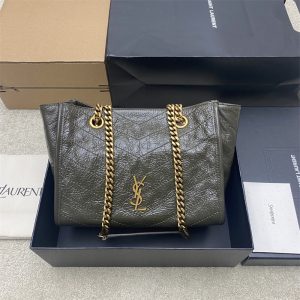 생로랑 니키 이스트 웨스트 스몰 쇼핑백 빈티지 카프스킨 카키 872680
